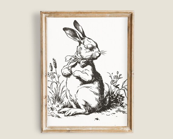 Bunny Bow Vintage Black Engraving Antique Rabbit Botanical Farmhouse Wall Art