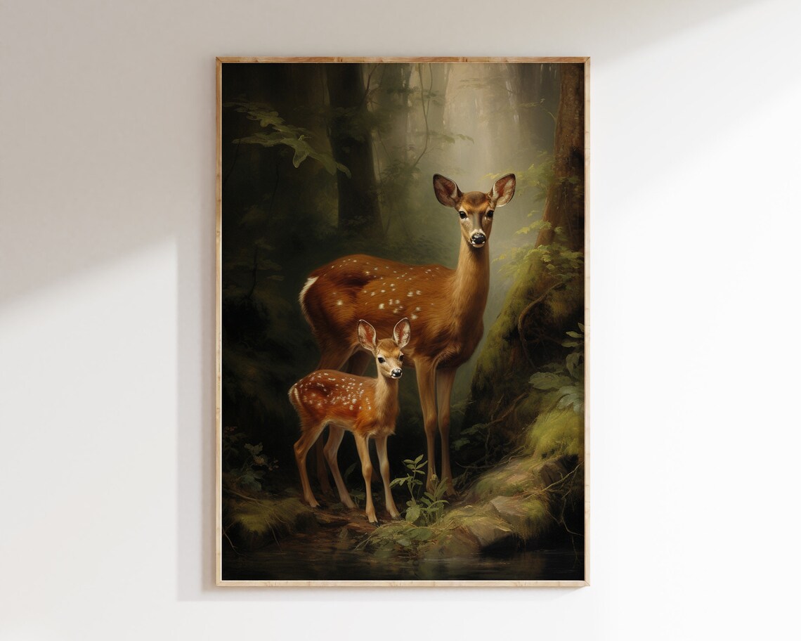 Doe Fawn Misty Forest Stream Vintage Wildlife Painting Wall Art Poster