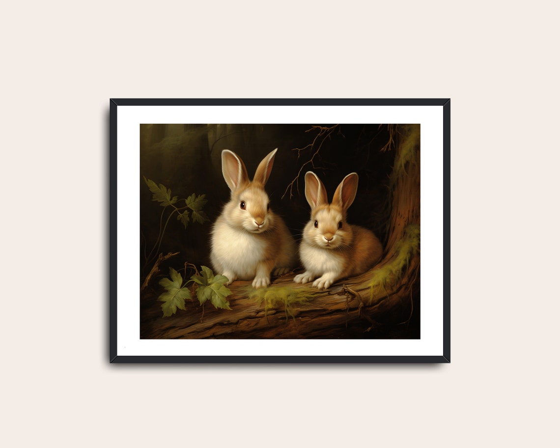 Two Rabbits Mossy Log Dark Forest Vintage Wildlife Painting Print - Image 2