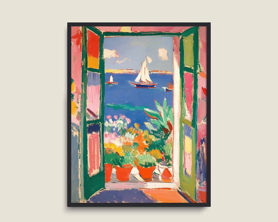 Open Window to the Sea Sailboats Fauvist Coastal Painting Poster - Image 3