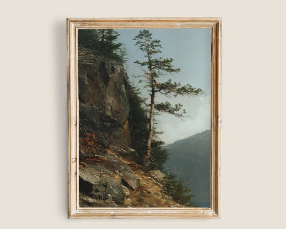 Nature Landscape Vintage Painting Tree Landscape Art Antique Rustic Farmhouse Decor Moody Mountains Art Wall Art