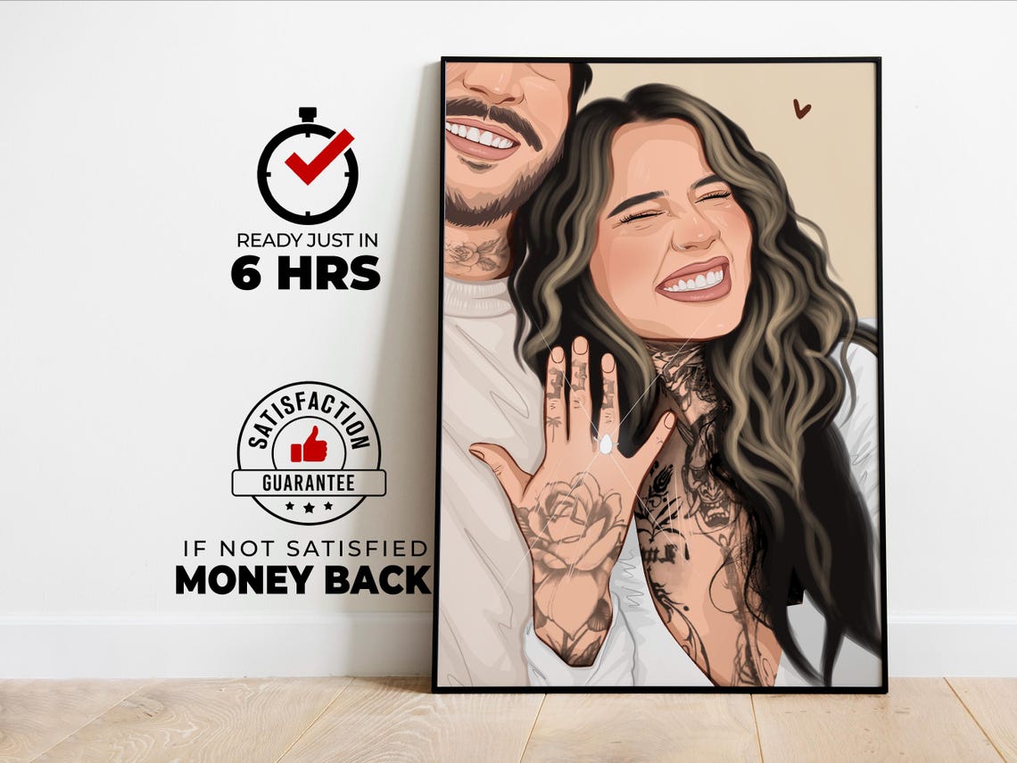 Custom Tattooed Engaged Couple Portrait Showing Ring and Joy Poster