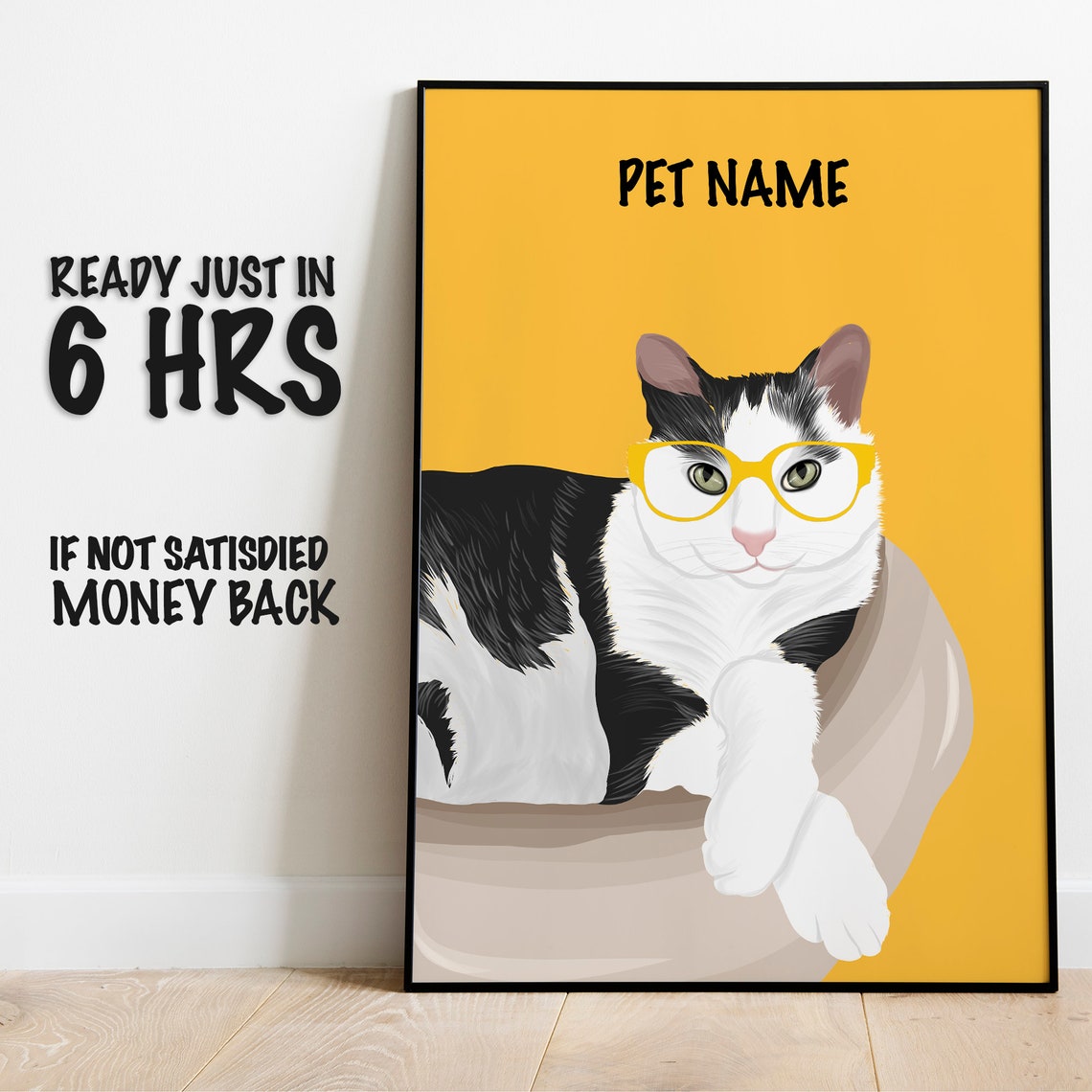 Custom Cat Portrait with Glasses Personalized Pet Name Art Poster