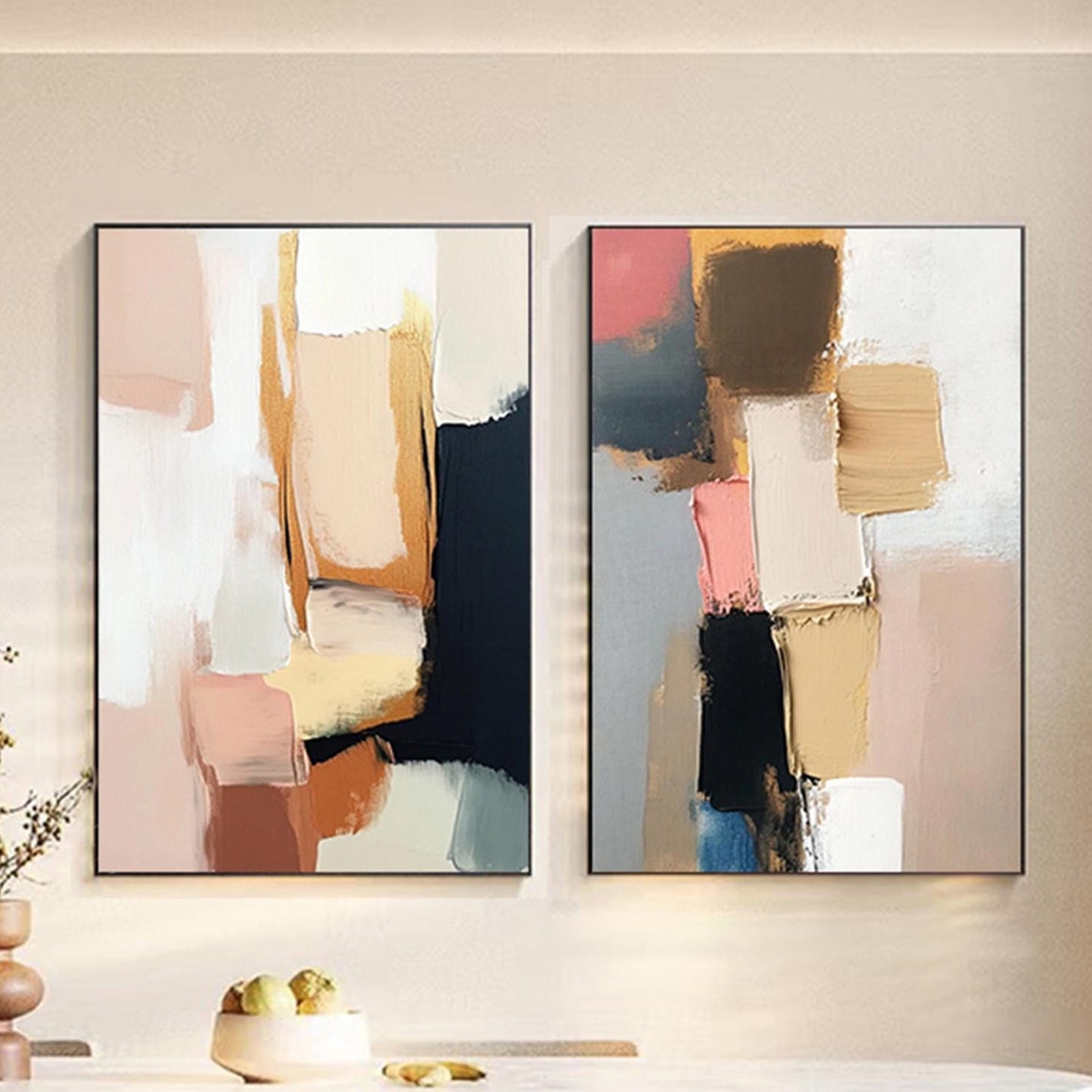 Two Piece Pink Black Gold Modern Abstract Pair Diptych Wall Art