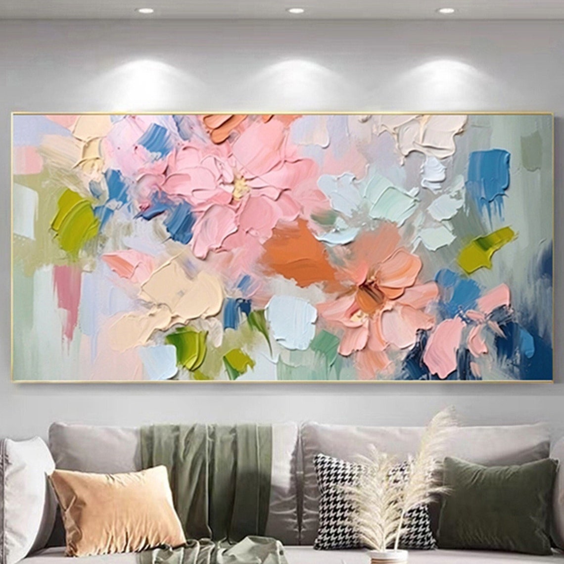 Pink Coral Blue Green Abstract Floral Panoramic Statement Wall Art
