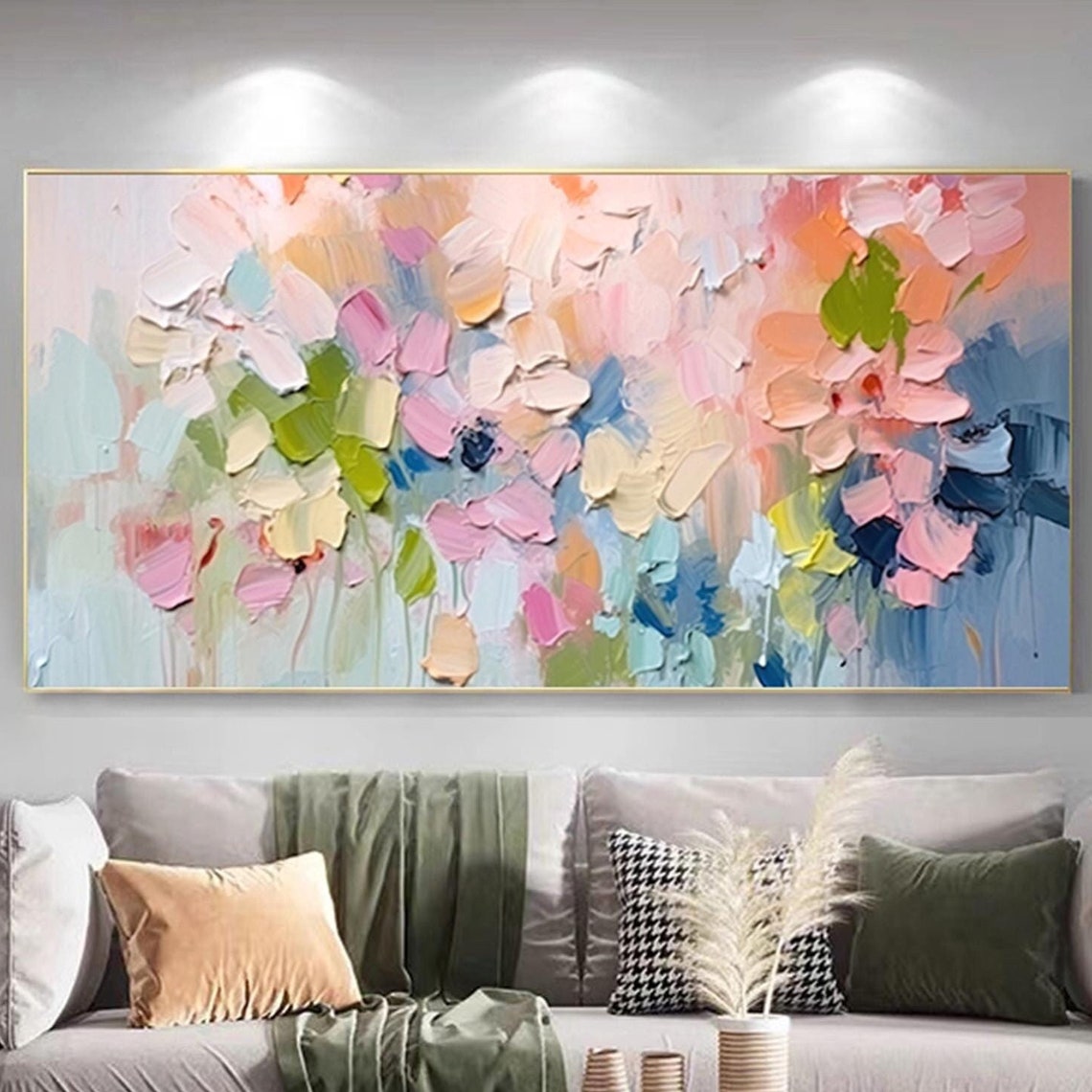 Coral Pink Blue Abstract Flowers Panoramic Modern Floral Wall Art