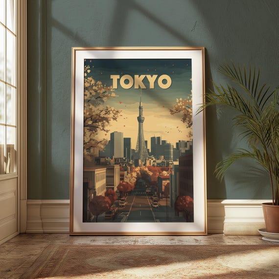Tokyo Travel Poster Vintage Japanese Cityscape Wall Art Retro Tokyo Skytree Print Scenic Urban View Decor