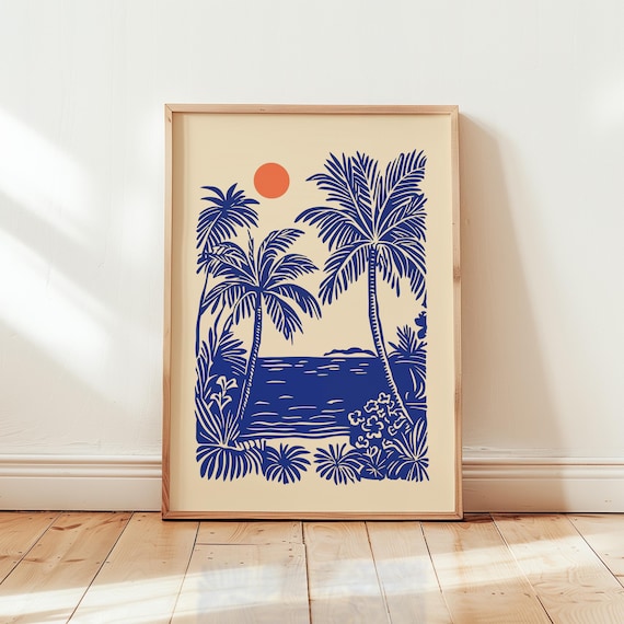 Cobalt Blue Tropical Palm Trees Minimalist Matisse Inspired Poster Art