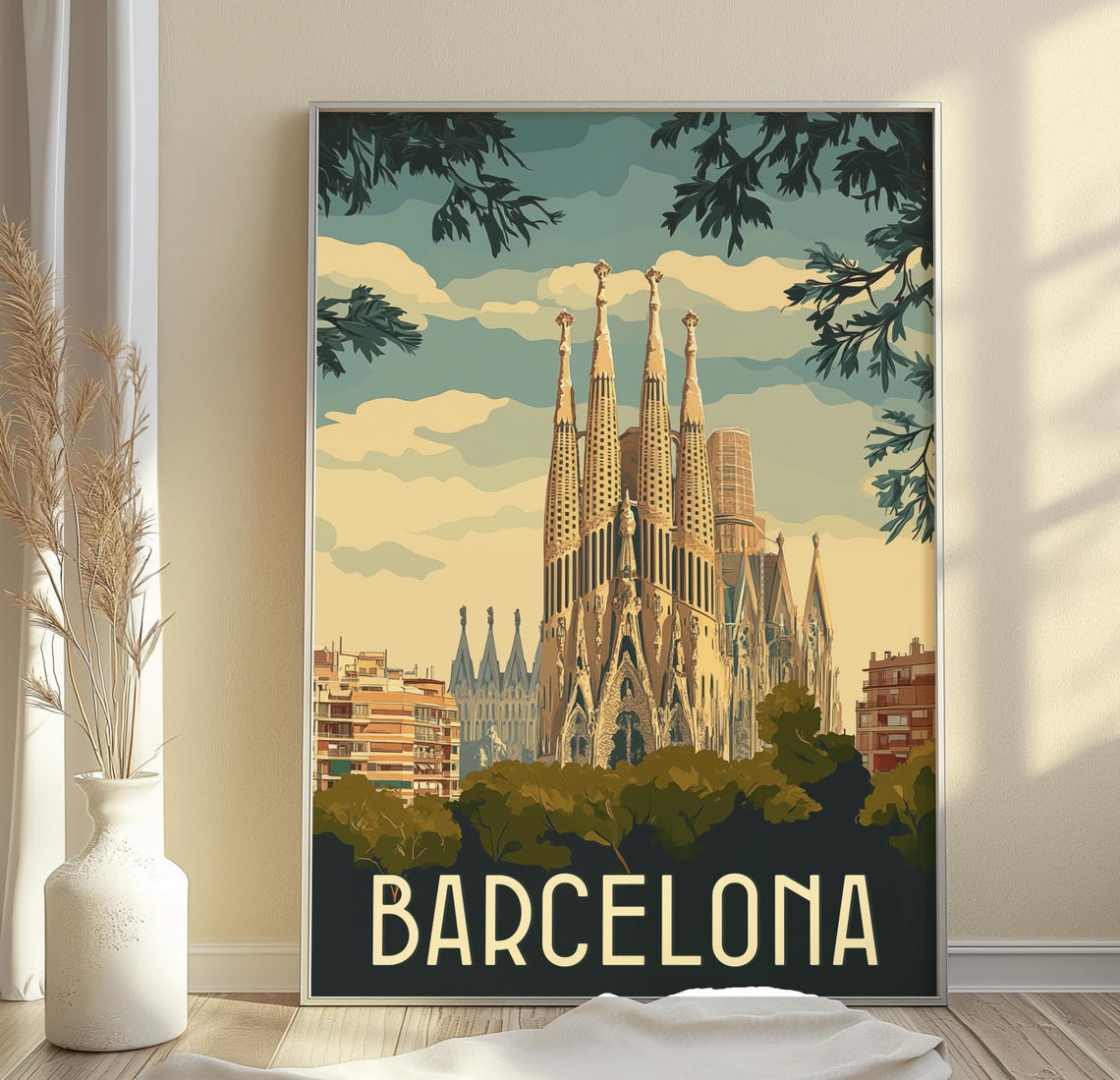 Barcelona Spain Sagrada Familia Basilica Retro Travel Poster