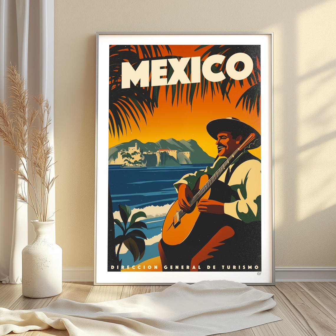 Mexico Mariachi Guitar Player Seaside Retro Tourism Artwork Poster