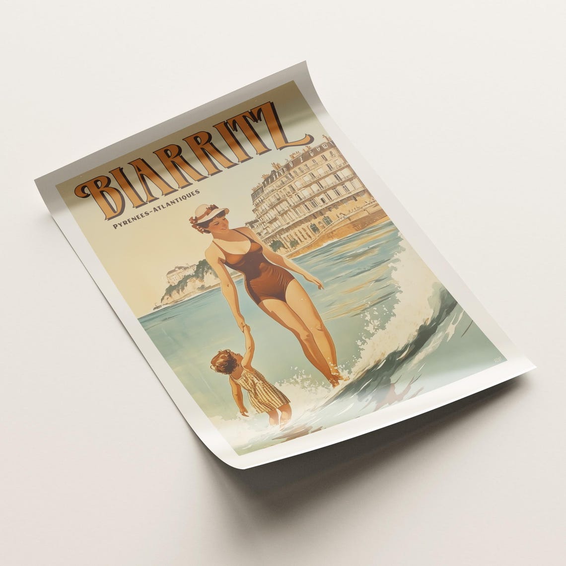 Biarritz Pyrenees Atlantiques Mother Child Beach Day Vintage Poster - Image 3