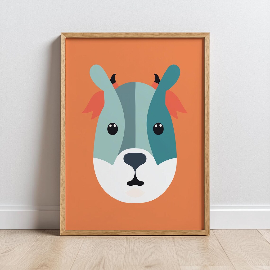 Minimalist Goat Face On Orange Nursery Kids Animal Art Poster