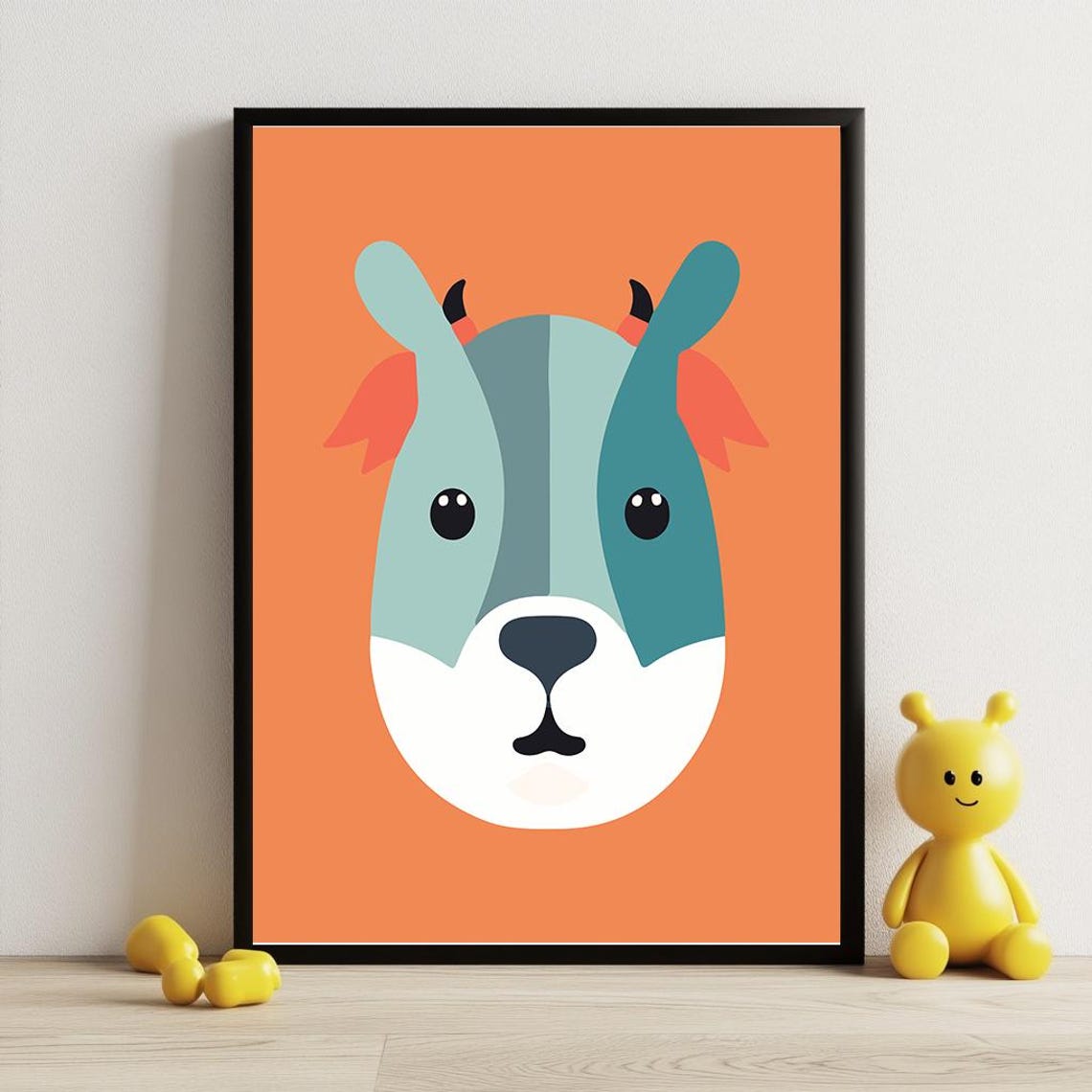 Minimalist Goat Face On Orange Nursery Kids Animal Art Poster - Image 3
