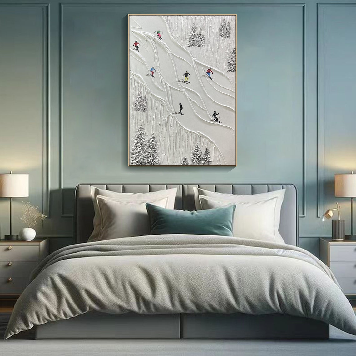 Minimalist White Plaster Skiers Descending Snow Slope Wall Art - Image 3