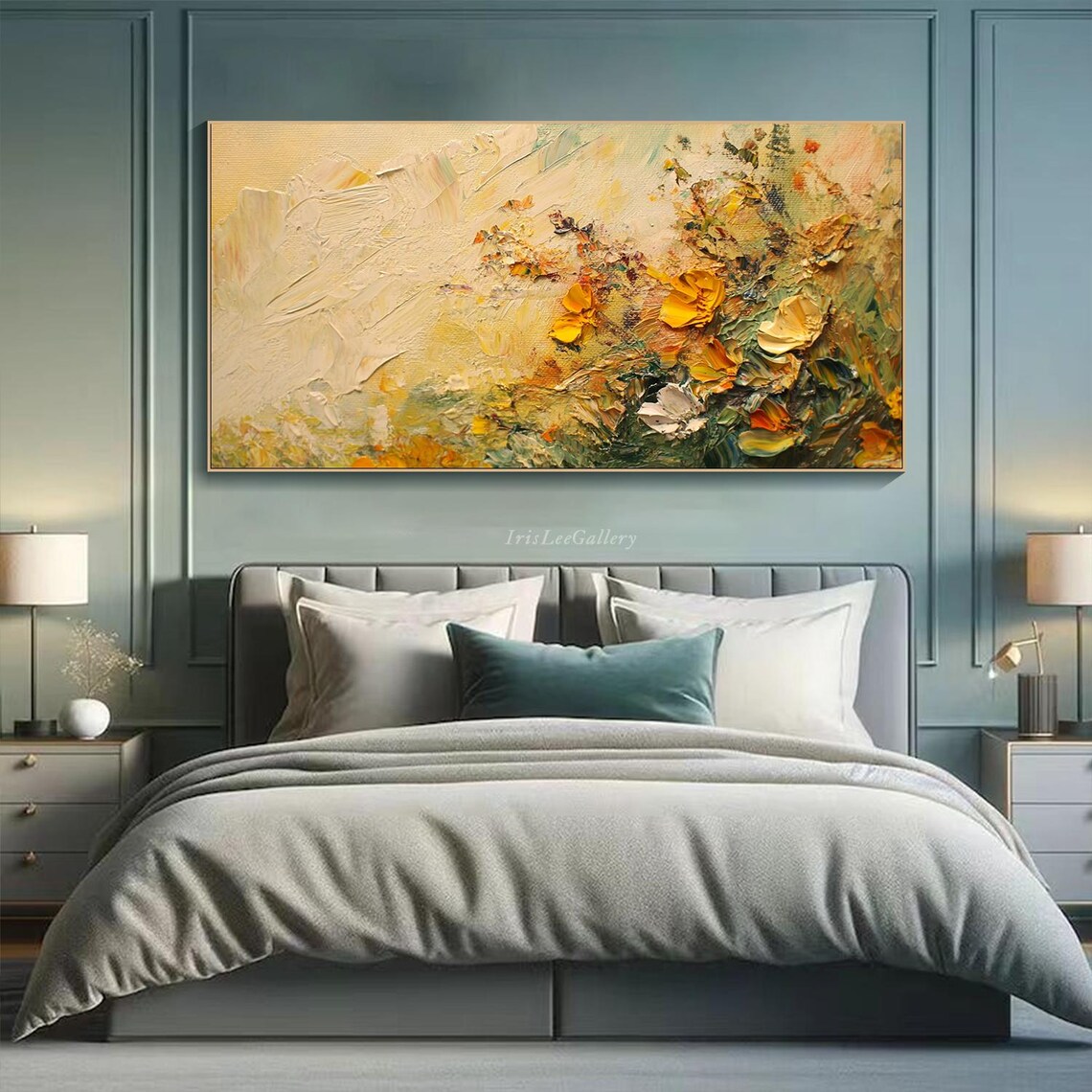 Golden Yellow Orange Blossom Boho Abstract Floral Painting Wall Art - Image 4