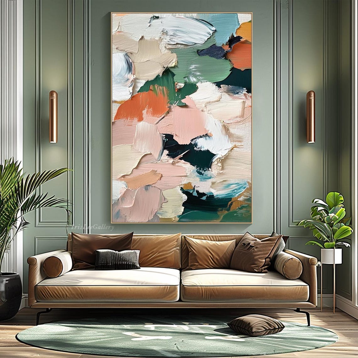 Sage Green Pink Coral Bold Brushstroke Abstract Textured Art Poster - Image 3