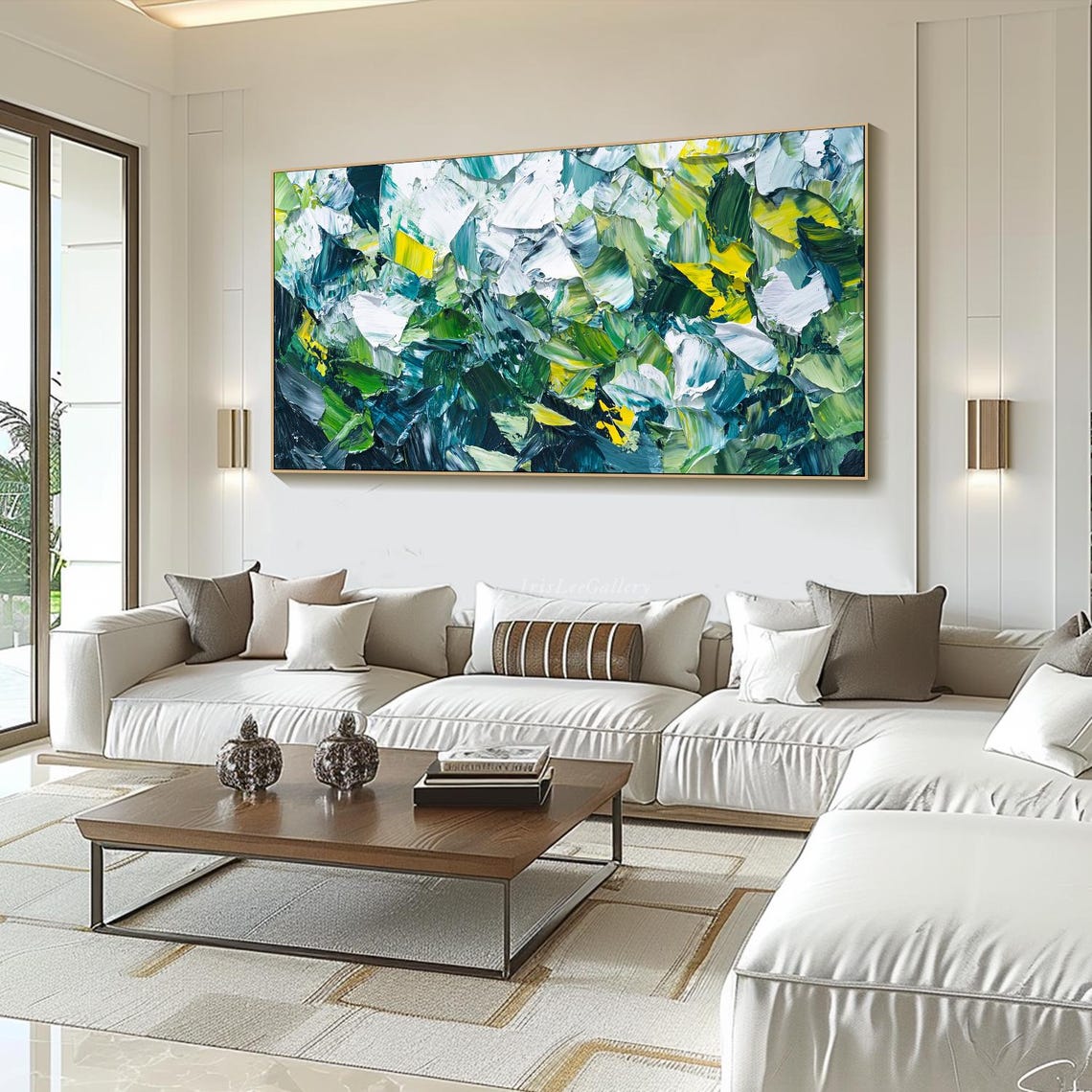 Green White Yellow Abstract Palette Knife Impasto Nature Art Poster - Image 4