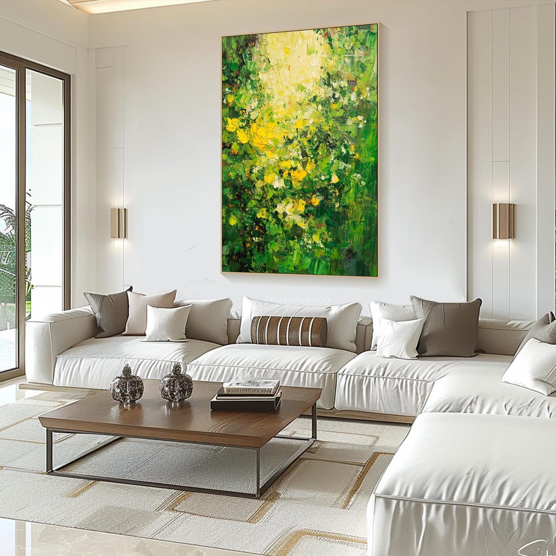 Sunlit Green Garden Yellow Flowers Abstract Impasto Nature Art Poster - Image 3