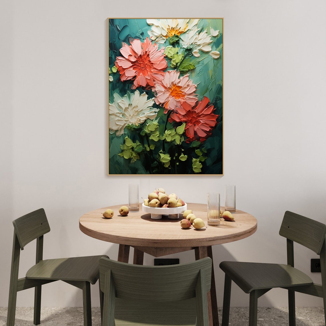 Coral Pink Blooms Deep Emerald Textured Dramatic Floral Art Poster - Image 3