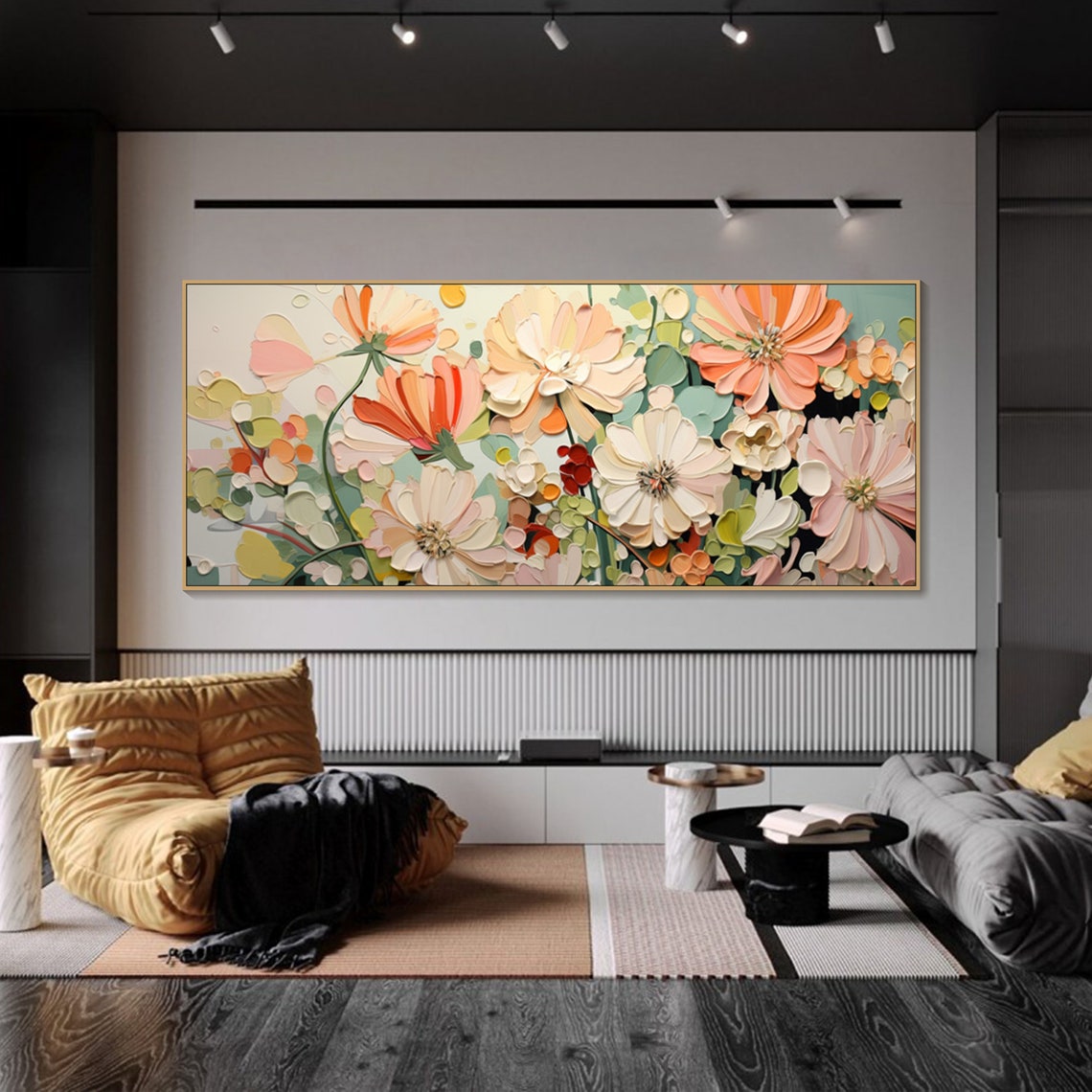 Pink Peach 3D Cosmos Flowers Modern Textured Floral Bedroom Wall Art - Image 4
