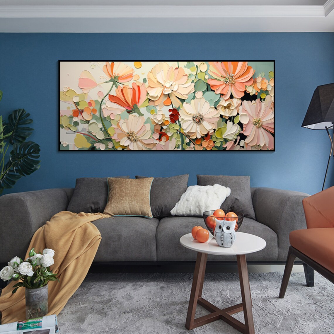 Pink Peach 3D Cosmos Flowers Modern Textured Floral Bedroom Wall Art - Image 2