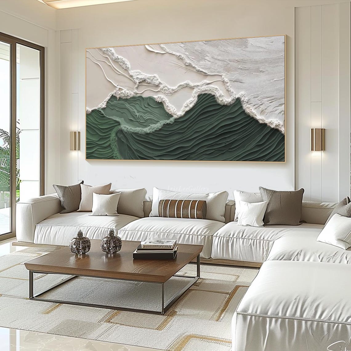 Grey White Green Layered Waves Abstract Sculpted Neutral Art Poster - Image 3