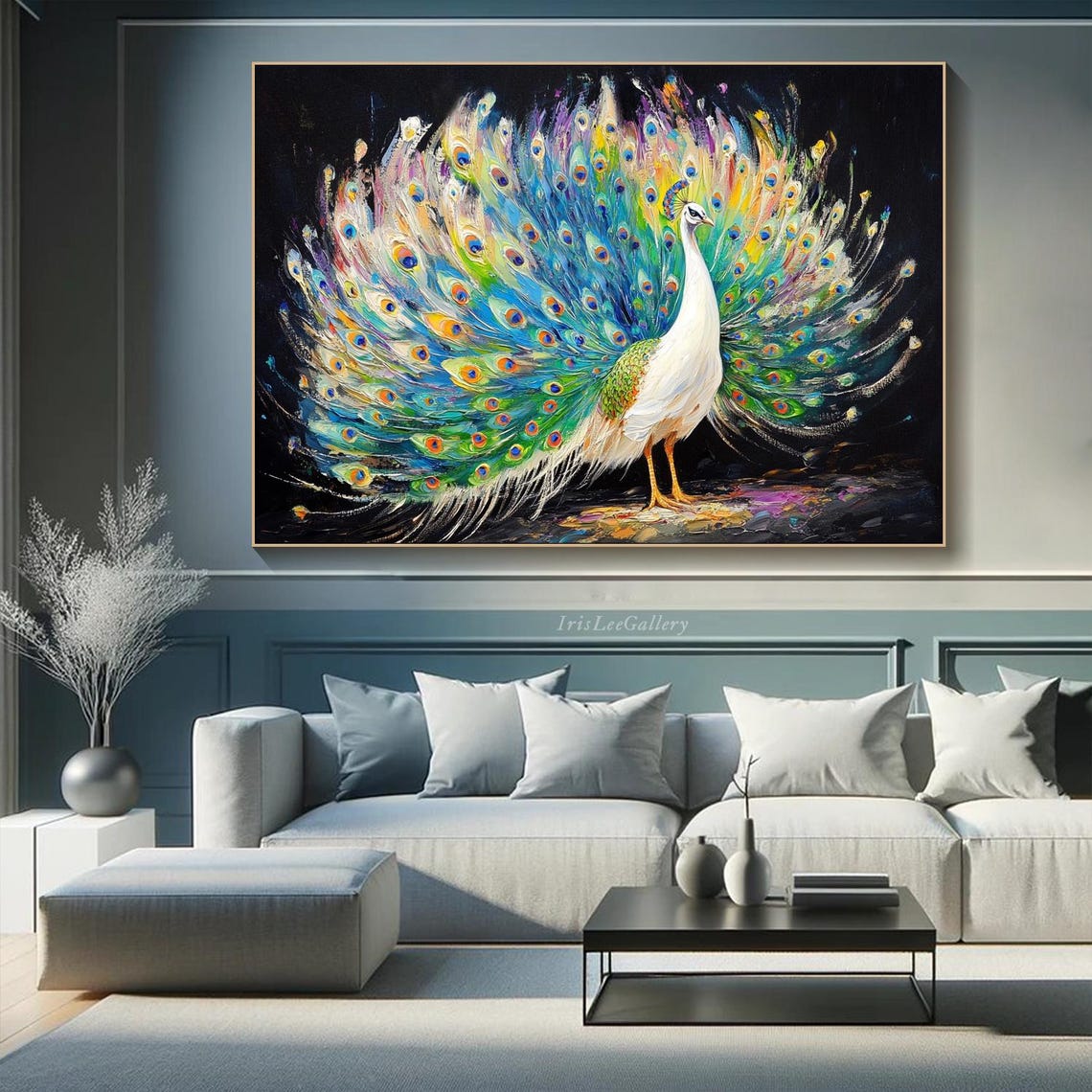 White Peacock Colorful Tail Black Background Vibrant Animal Art Poster - Image 2