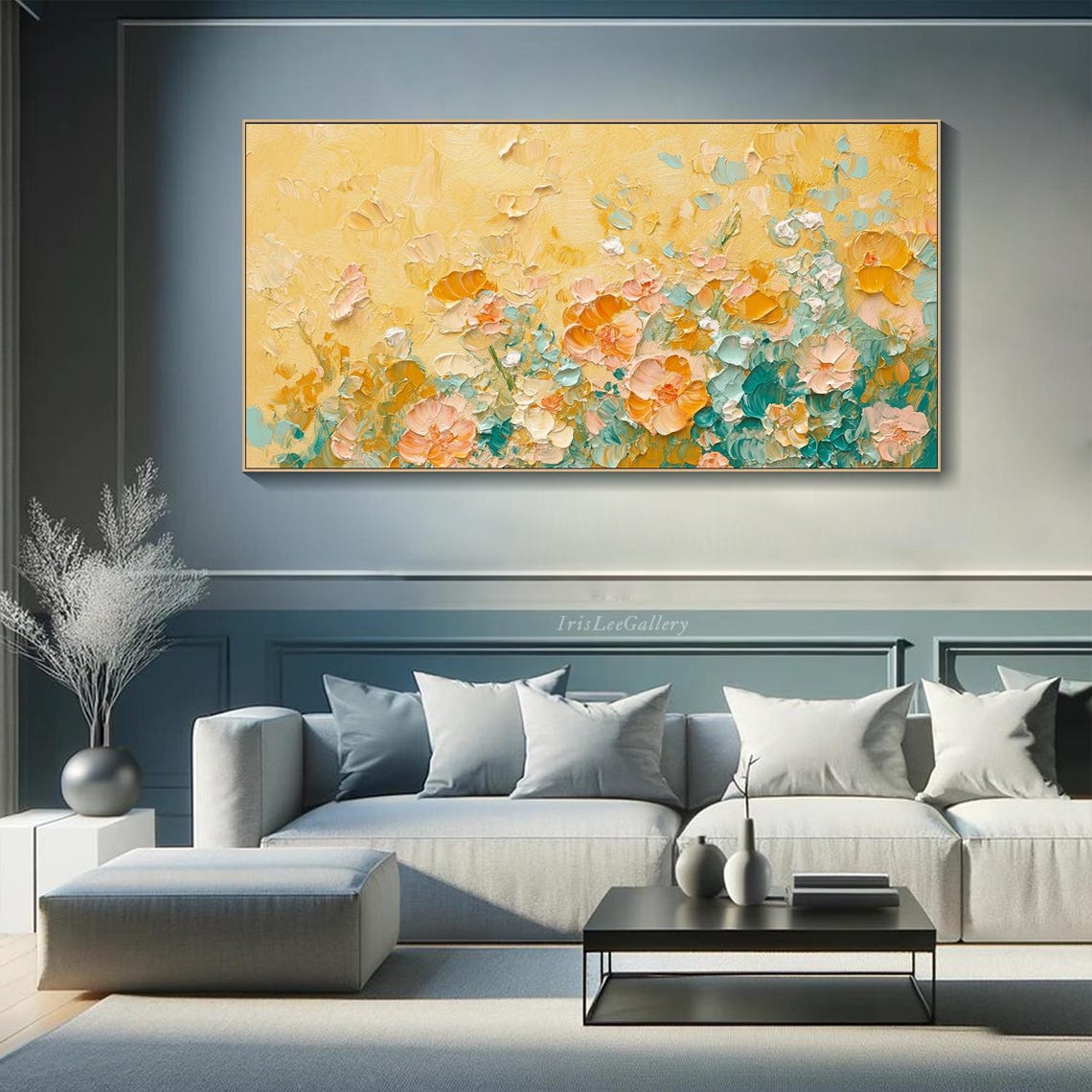 Golden Yellow Orange Blossom Teal Leaves Boho Floral Painting Wall Art - Image 2
