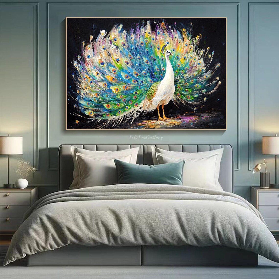 White Peacock Colorful Tail Black Background Vibrant Animal Art Poster - Image 3