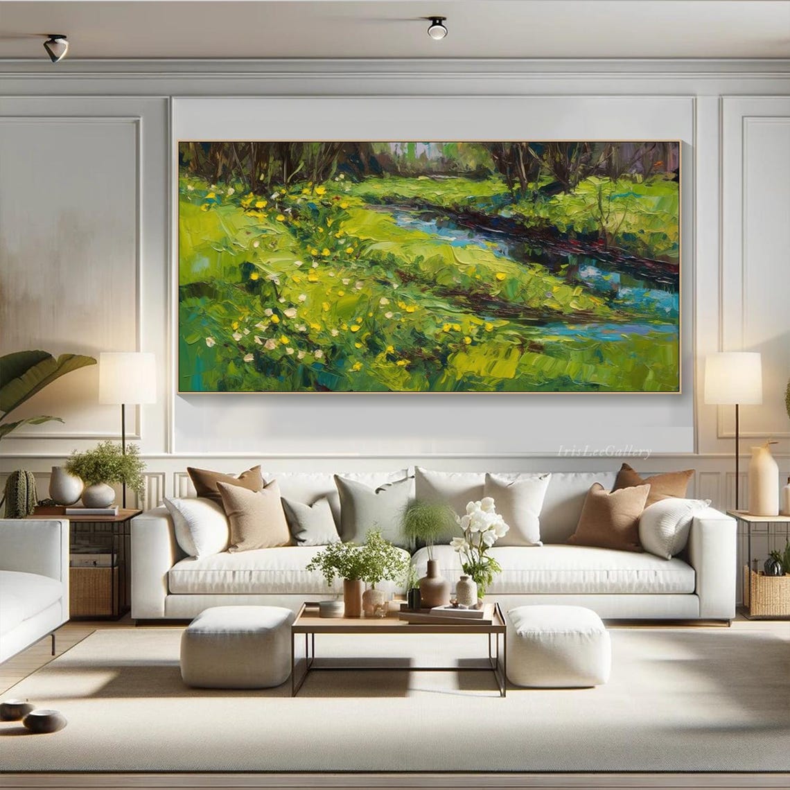 Spring Meadow Painting On Impasto Texture Wall Art Green Yellow Nature Art Modern River Art Vibrant Countryside Art Living Room Art - Image 4
