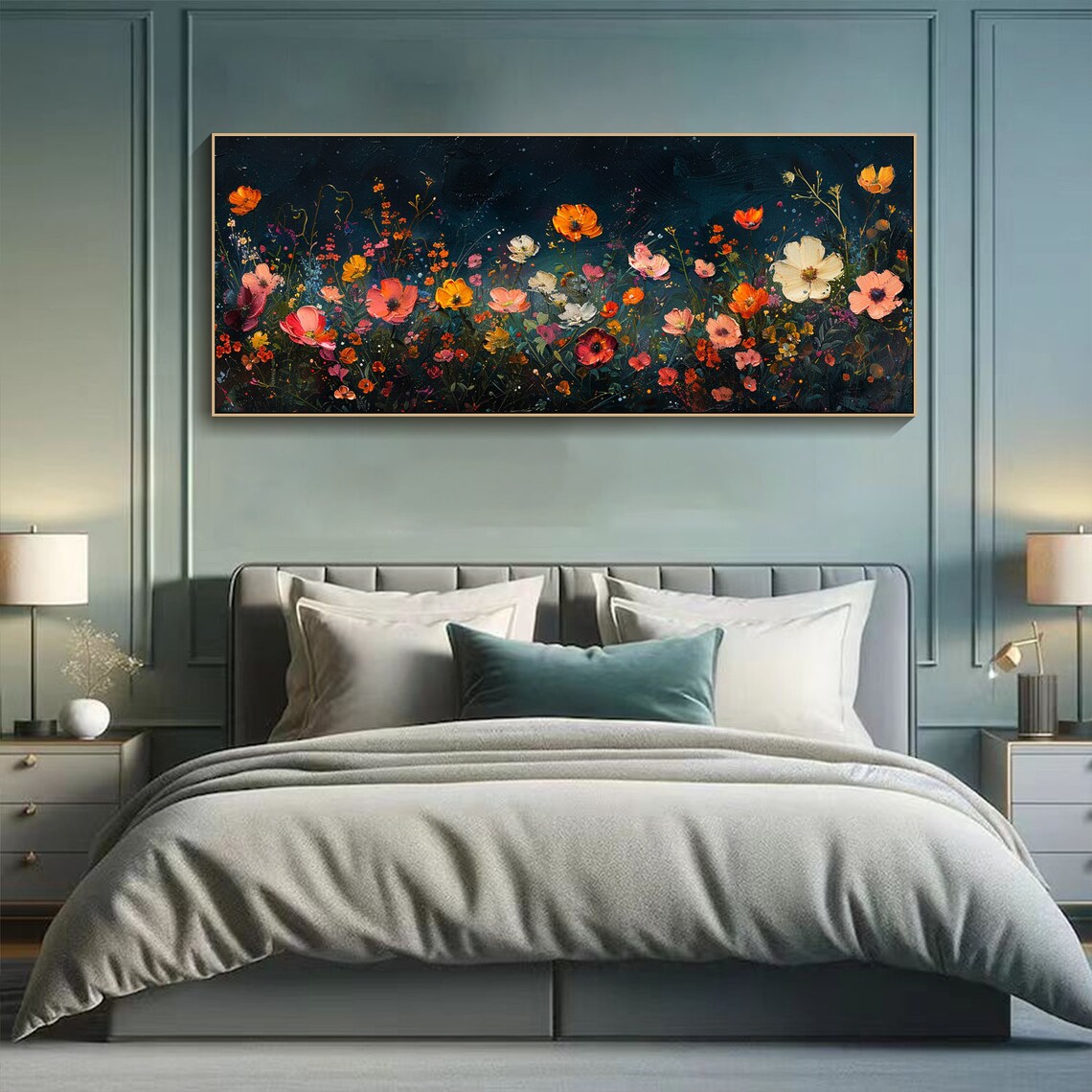 Dark Teal Night Wildflower Meadow Colorful Bloom Painting Wall Art - Image 3