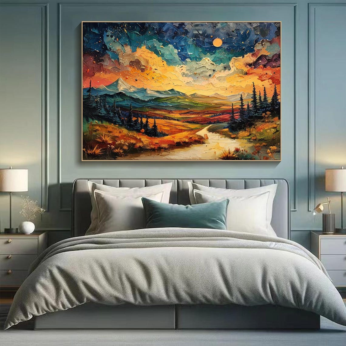 Starry Night Mountain Valley Impasto Sunset Sky Painting Wall Art - Image 2