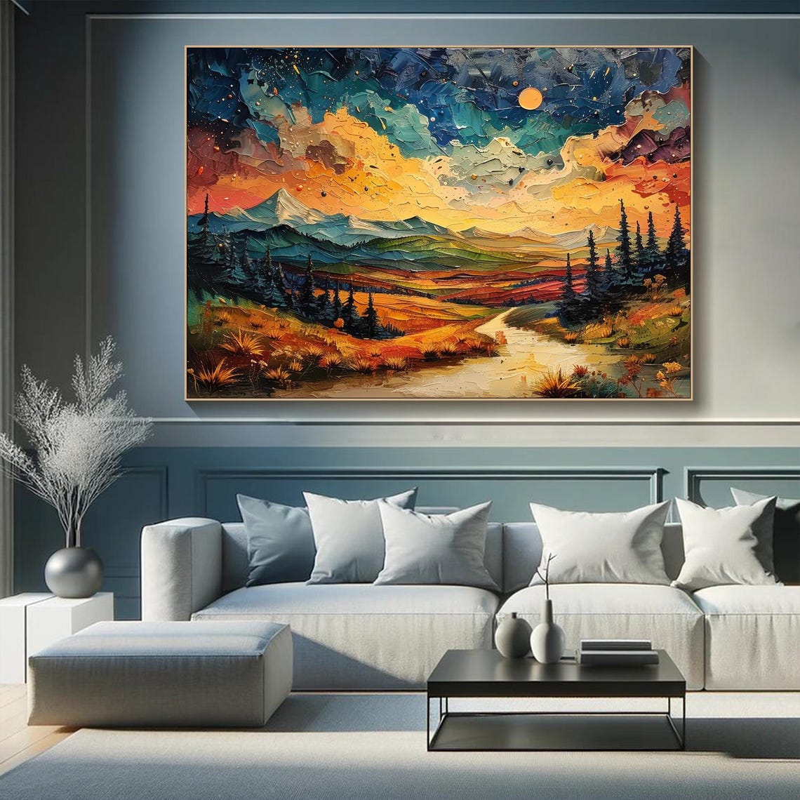 Vibrant Mountain Landscape Oil Painting Sunsetnight Sky Art Large Wall Art For Living Room Contemporary Nature Artwork Modern Home Decor - Image 4