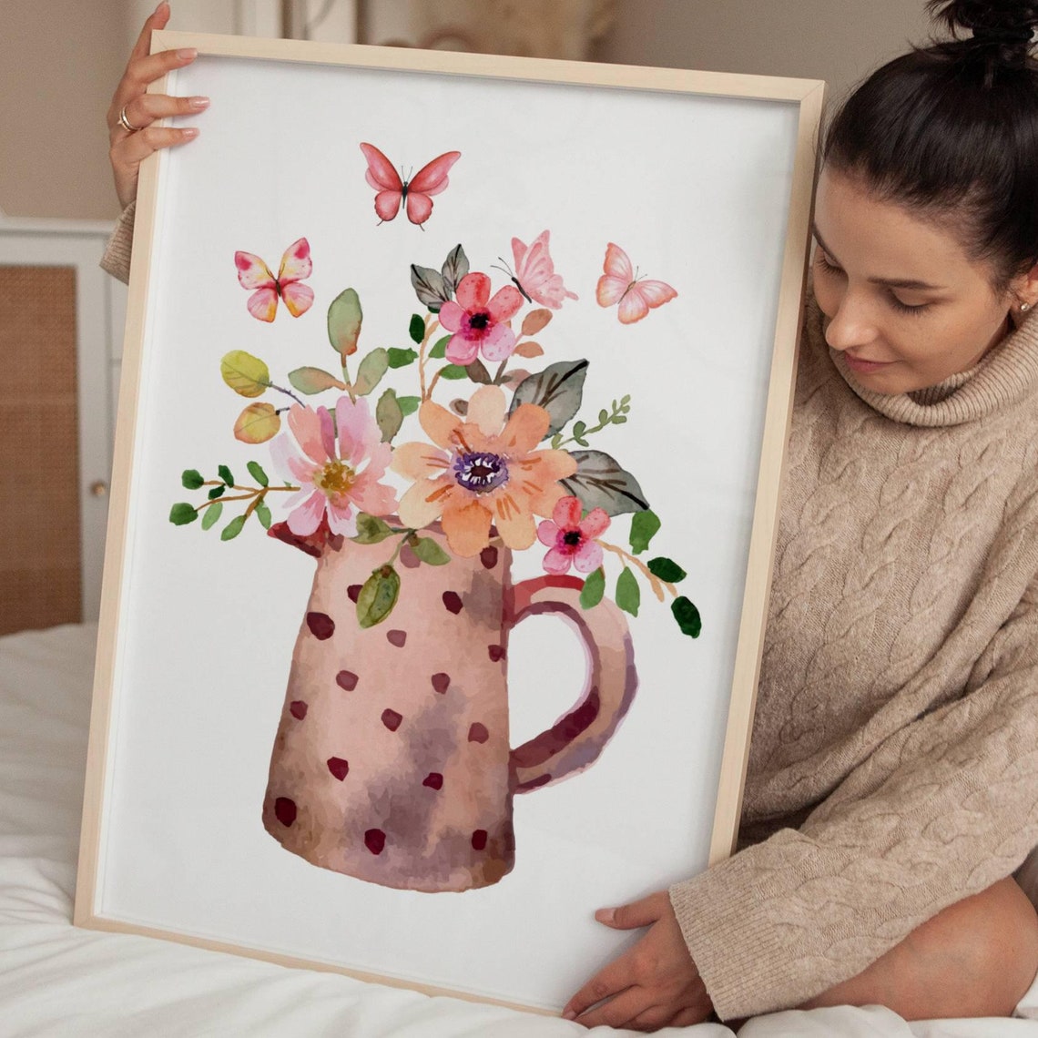 Pink Floral Bouquet In Dotted Pitcher Watercolor Gift Art Poster