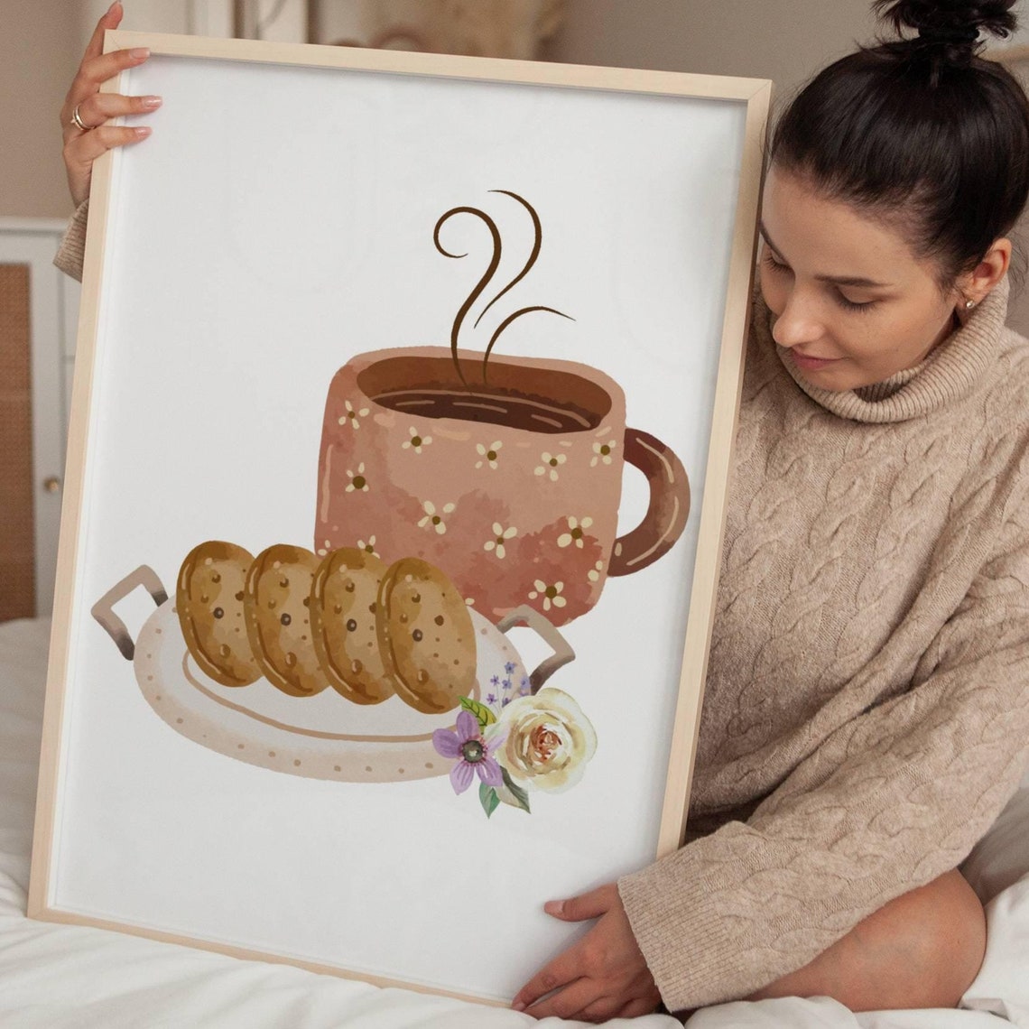 Steaming Coffee Mug With Cookies Cozy Kitchen Illustration Poster