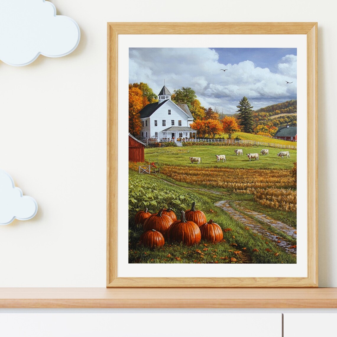 Autumn Farm Scene With White Farmhouse Cows And Pumpkins Poster - Image 3