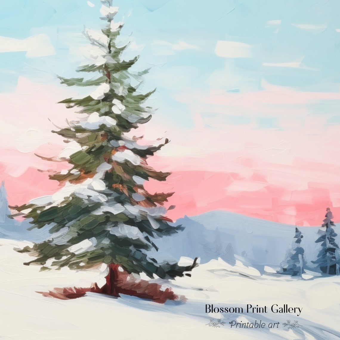 Snowy Pine Tree Pink Sunset Winter Landscape Painting Poster - Image 3