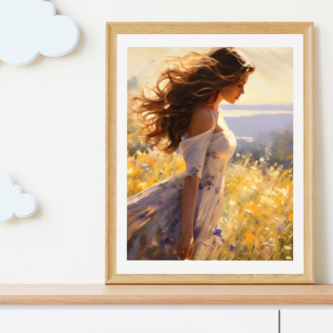 Woman Flowing Dress Golden Wildflower Meadow Sunset Painting Poster - Image 4