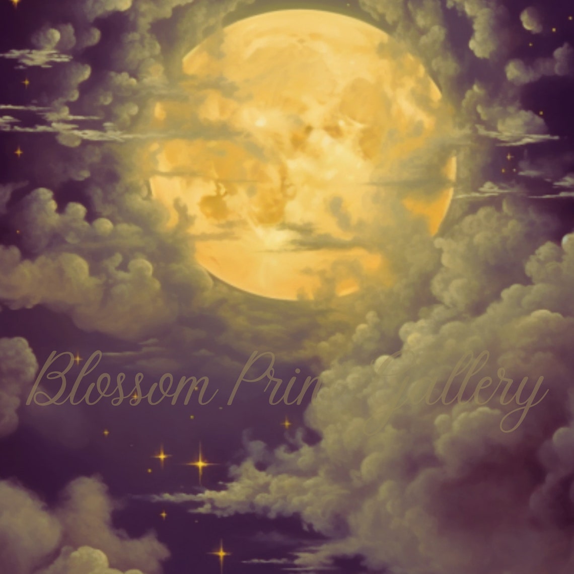 Golden Full Moon Shining Through Clouds Starry Night Painting Poster - Image 3