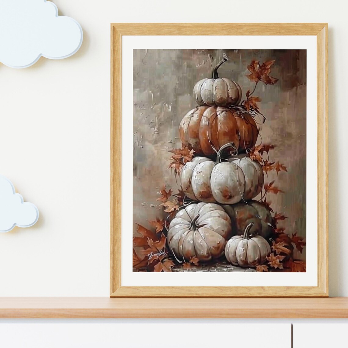 Stacked White Pumpkins Fall Harvest Still Life Oil Painting Poster - Image 4