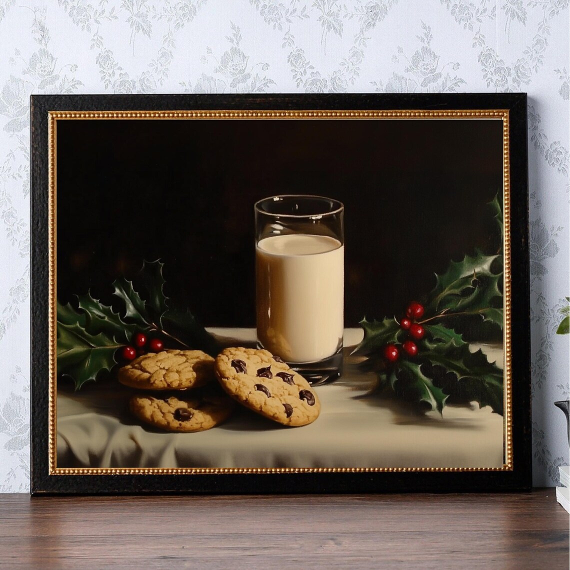 Milk And Cookies With Holly Christmas Still Life Painting Poster - Image 2