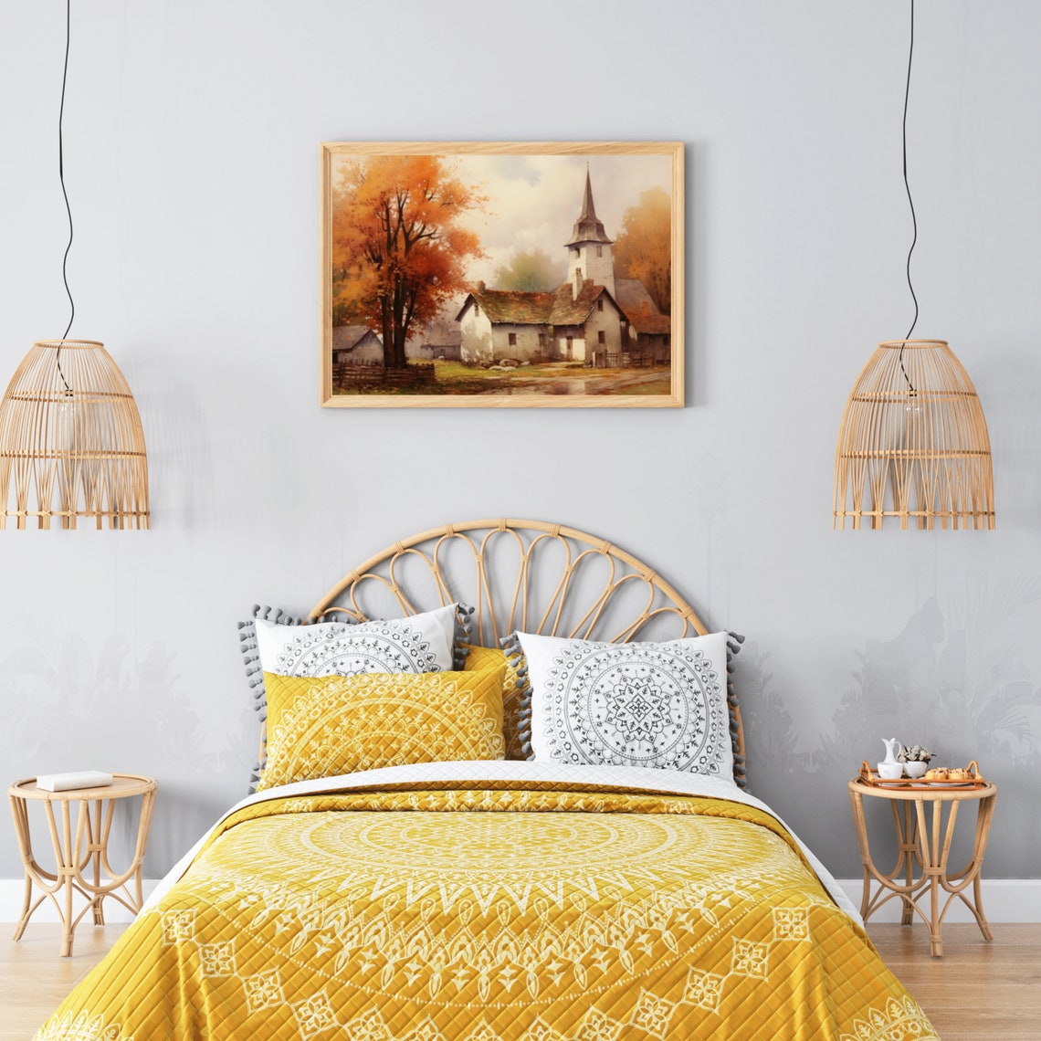 Autumn Village Church with Orange Fall Trees Painting Poster - Image 5