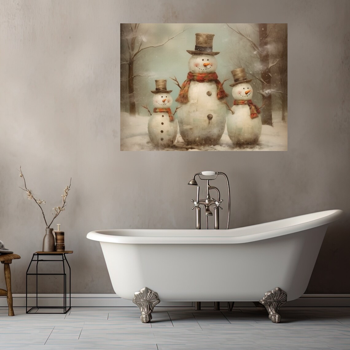Vintage Snowman Family Three Snowmen With Top Hats Winter Scene Poster - Image 5