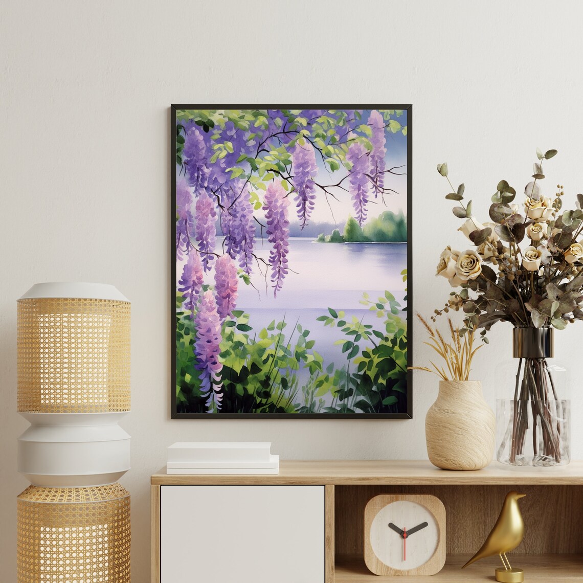 Purple Wisteria Blooming Over Calm Lake Spring Watercolor Poster - Image 3