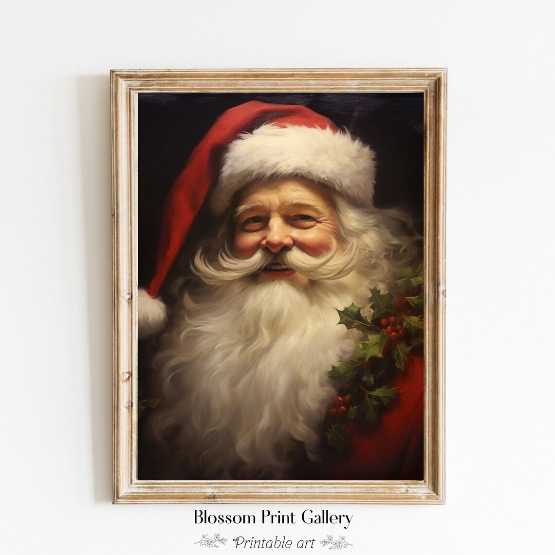 Vintage Santa Claus Portrait Red Hat Holly Classic Art Poster