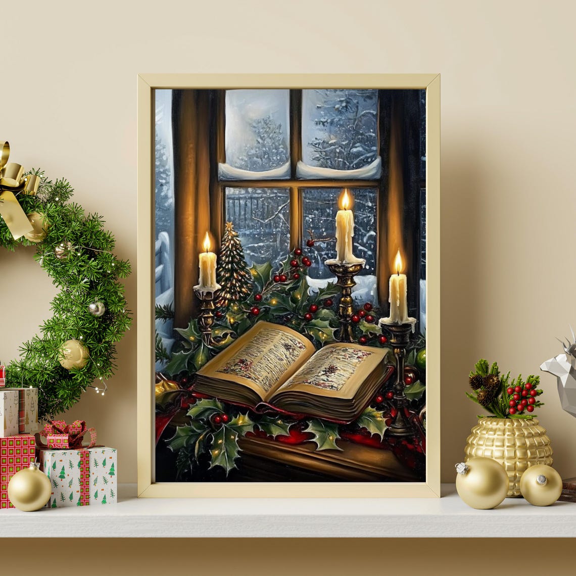 Vintage Christmas Wall Art Book Art Still Life Vintage Christmas Oil Painting Dark Academia Moody Decor Window Sill Painting 747 - Image 3