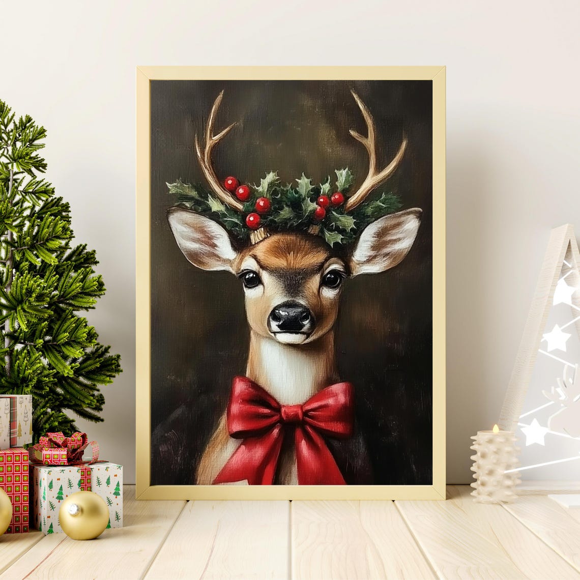 Festive Deer Portrait With Holly Crown And Red Bow Christmas Poster - Image 6