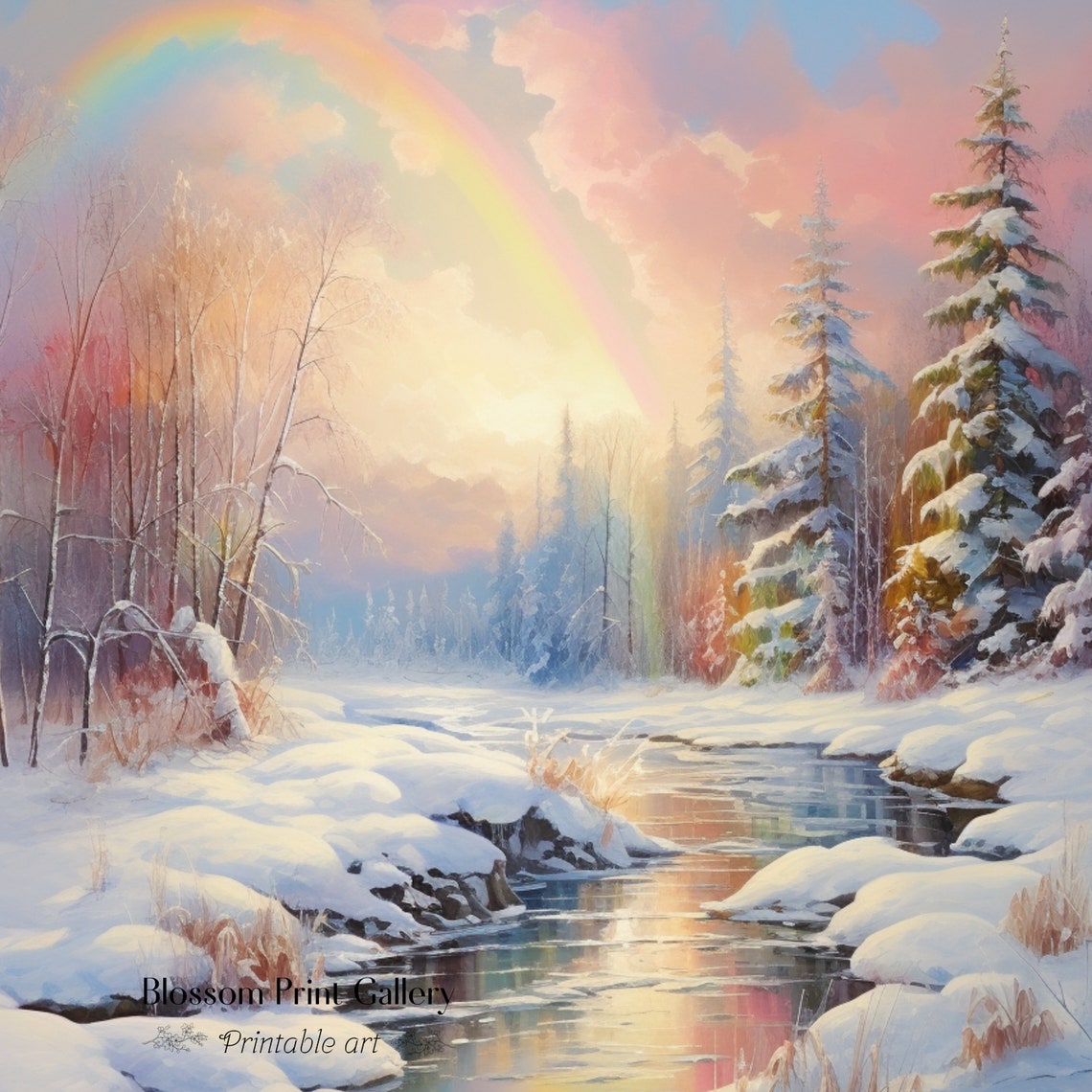 Snowy Winter Stream With A Rainbow Arching Over Snowy Banks Print - Image 3