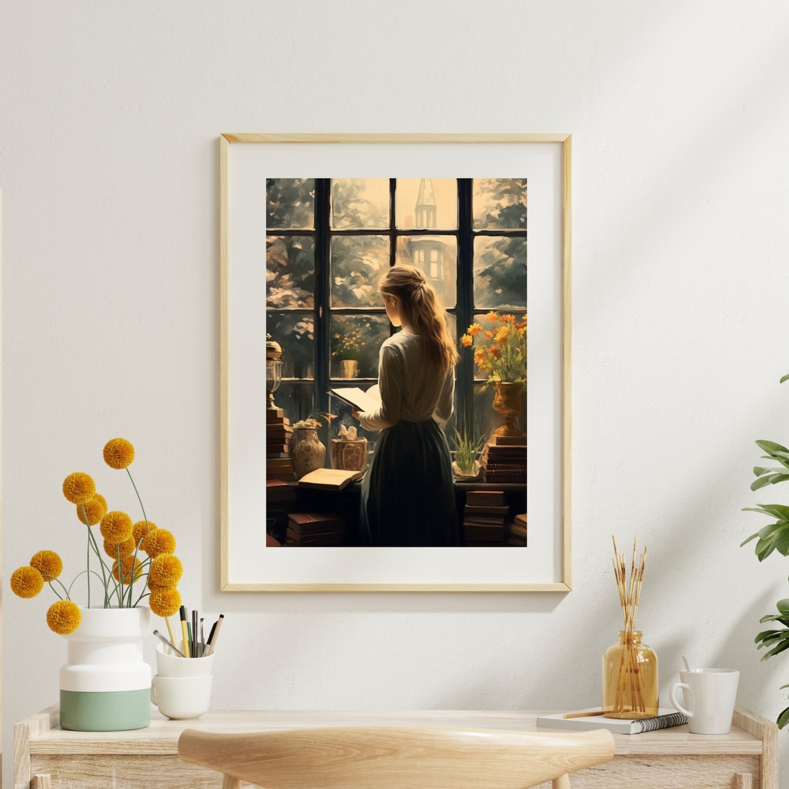 Girl Reading At Grand Window With Books Vintage Dark Art Poster - Image 3