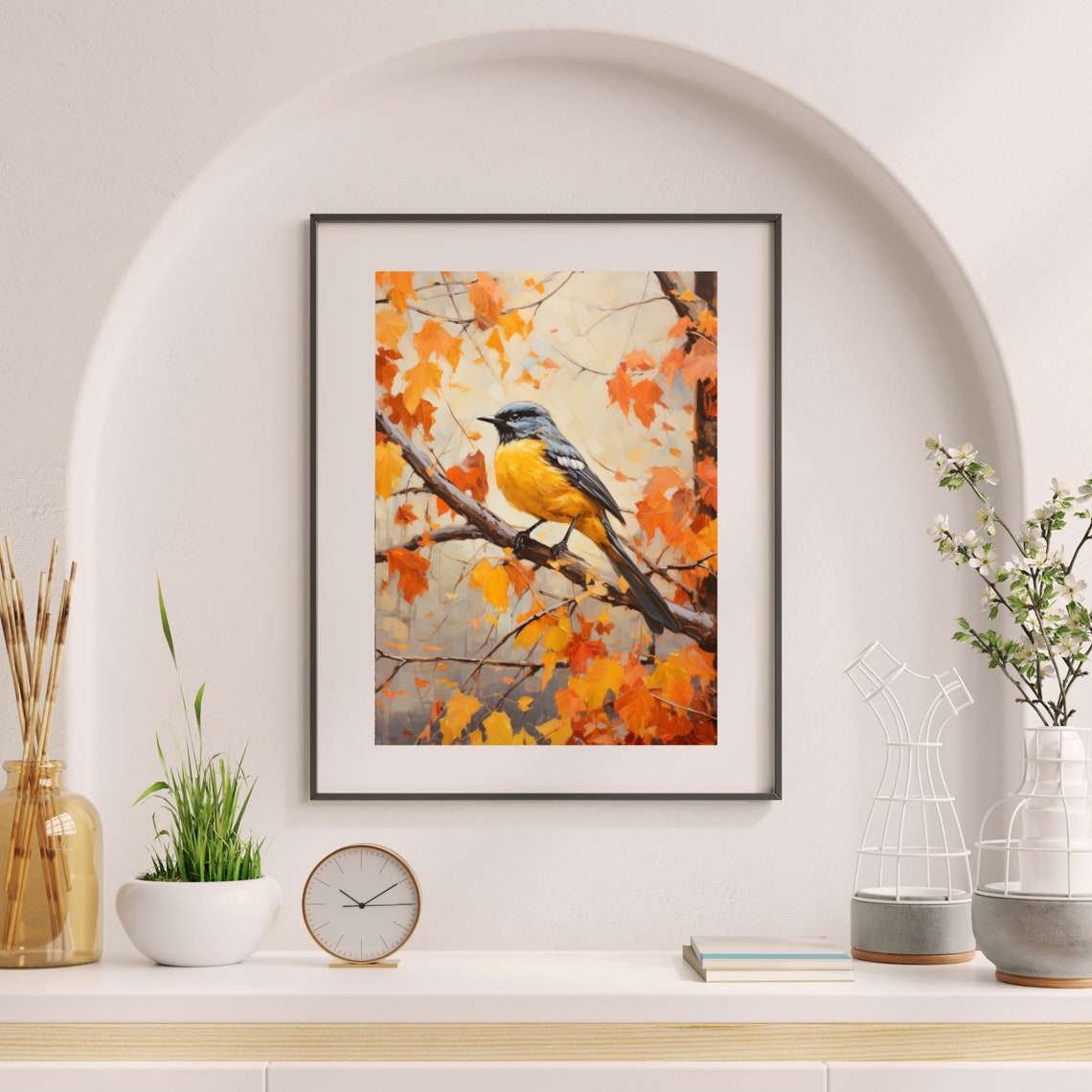 Yellow Breasted Songbird On Branch Autumn Leaves Wildlife Art Poster - Image 5